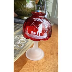 Westmoreland Red Mary Gregory Fairy Lamp Hand Painted UV Glow SIGNED Boy Dog
